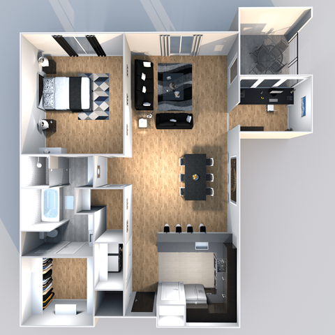 Floor plan for 1 bed, 1 bath, 988 sqft